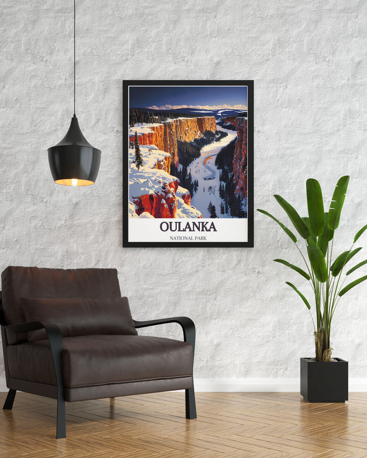 Travel Poster Art of Ristikallio Cliffs showcasing the dramatic landscapes and intricate rock formations located in Oulanka National Park ideal for adding a touch of adventure and tranquility to any living space