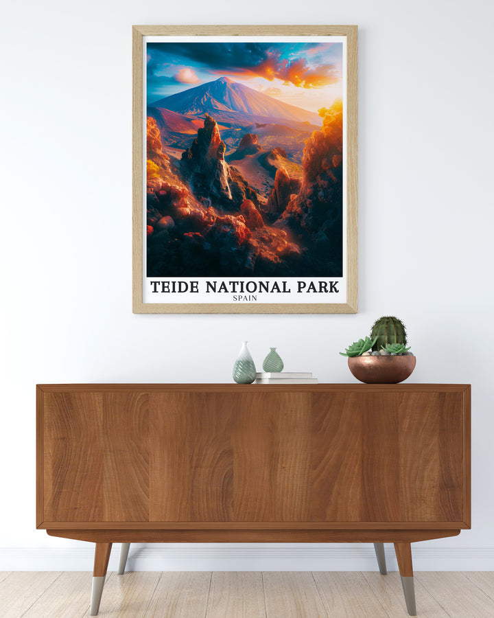 Our Teide National Park travel print captures the scenic beauty of Teide Volcano and Roques de Garcia, two of Tenerifes most iconic landmarks. The artwork beautifully illustrates the volcanic terrain, making it a perfect gift for nature enthusiasts and travelers alike.