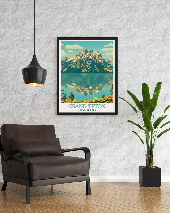 A stunning Jenny Lake poster featuring the Teton Range, bringing the rich natural beauty of Grand Teton National Park into your home. The detailed artwork is perfect for creating a focal point in any room, celebrating the serenity of one of Americas most beloved national parks.