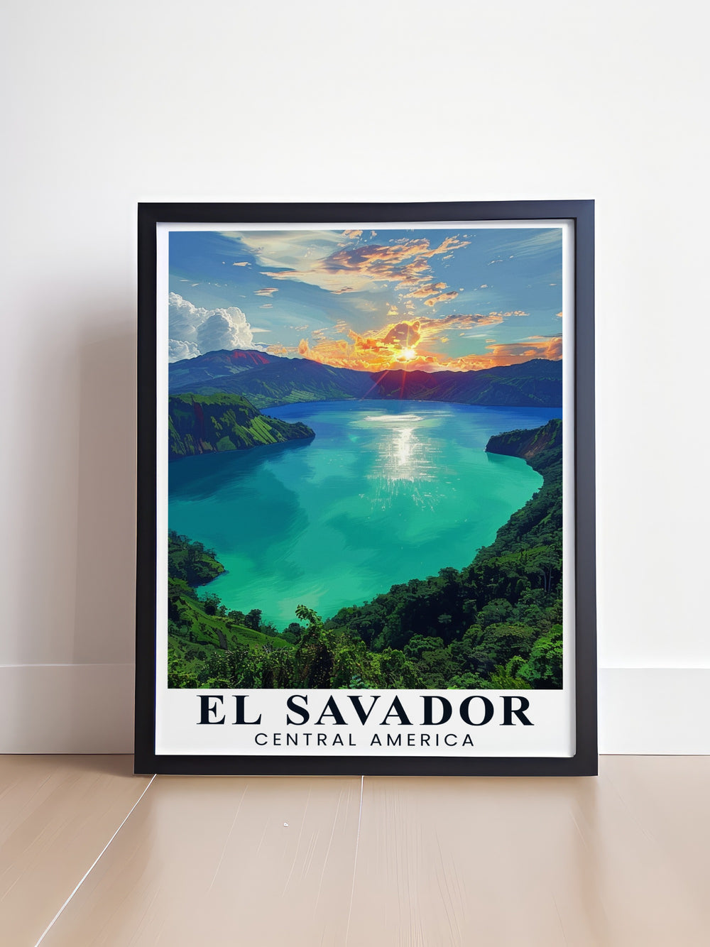 Celebrate the natural beauty of Lake Coatepeque with this El Salvador travel print, featuring the stunning volcanic crater lake surrounded by lush greenery. The detailed design and rich colors make it a perfect addition for those who appreciate Central Americas landscapes.