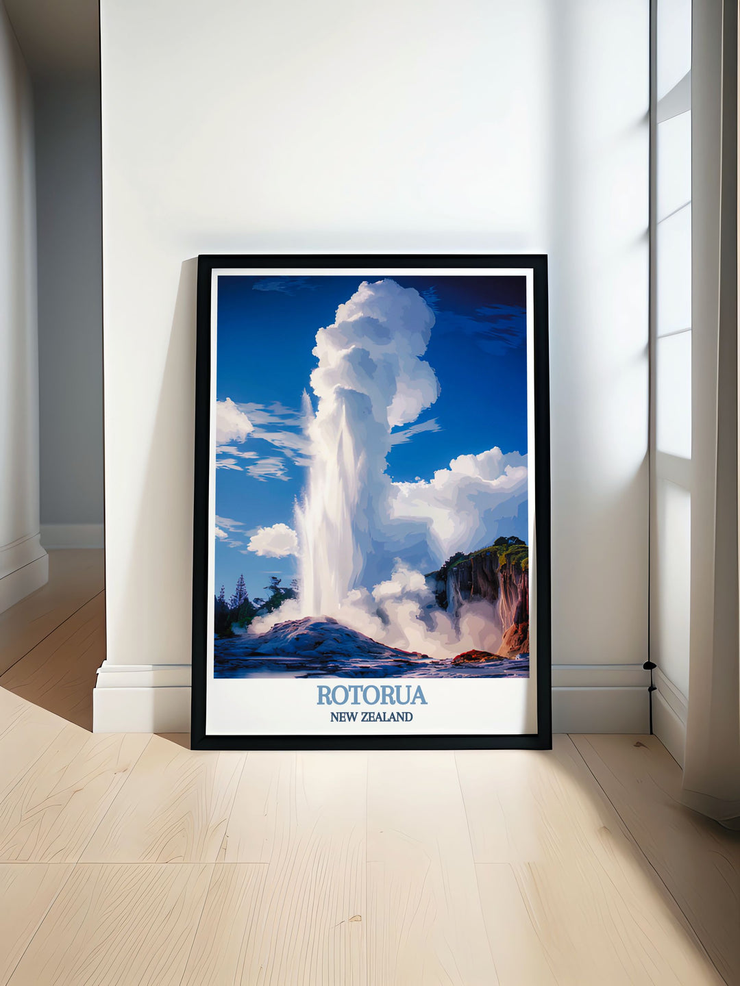 A stunning Te Puia travel poster featuring the vibrant geothermal landscapes and rich Maori culture of Rotorua New Zealand. Perfect for adding a touch of natural beauty and cultural significance to your home decor and ideal for those who appreciate Te Puia.