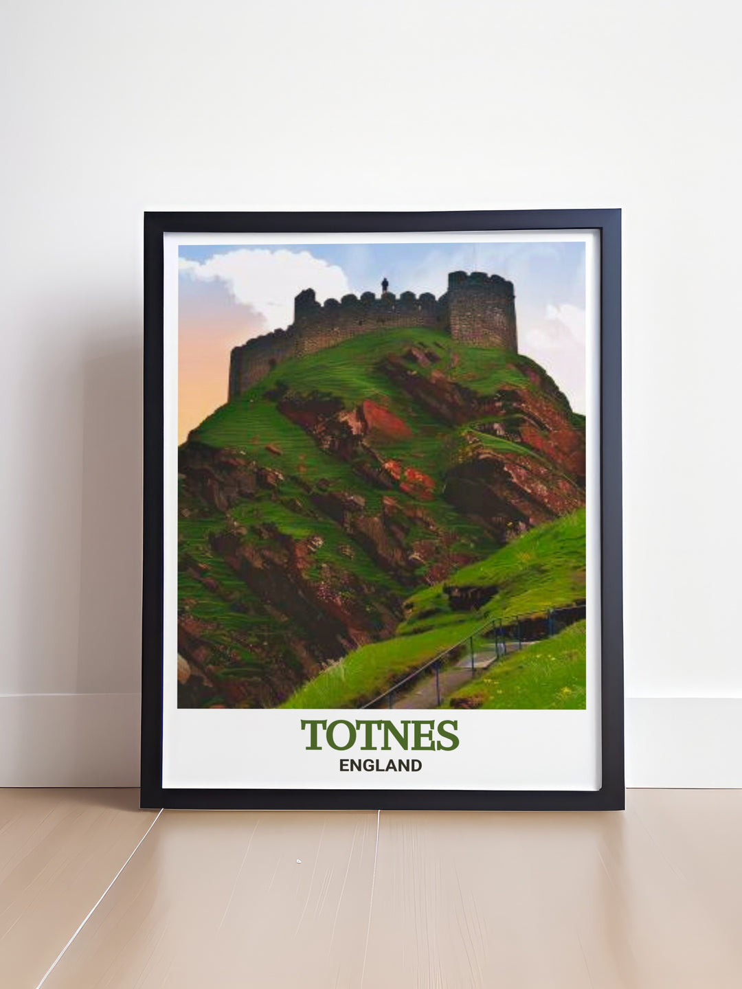 Totnes Castle wall decor, featuring a beautiful illustration of the castles majestic presence and the surrounding countryside. This print brings the charm and historical significance of Totnes into your home, perfect for creating a focal point in your decor.