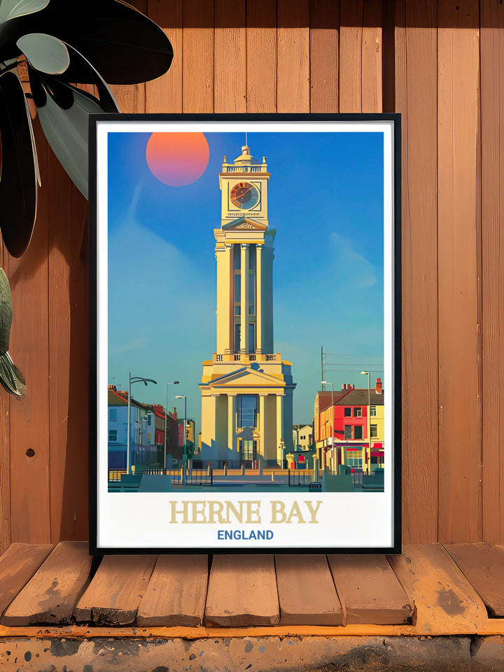 Celebrate the charm of Kents coast with this Herne Bay travel poster featuring the Clock Tower. With vibrant colors and a detailed rendering, this artwork is perfect for lovers of British seaside destinations.