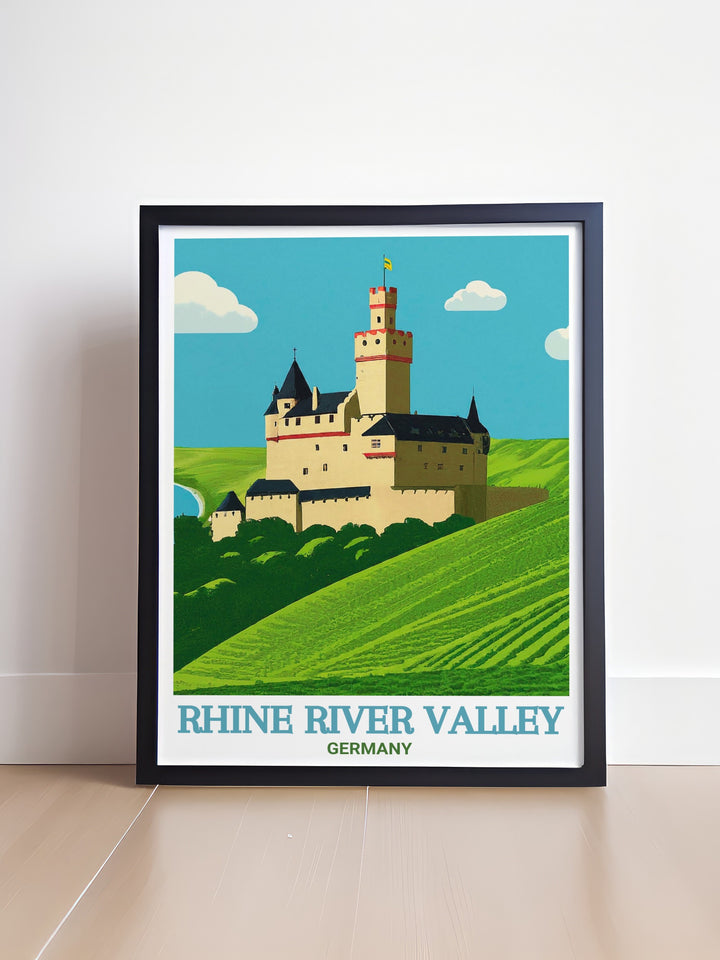 Germany travel art featuring the picturesque Marksburg Castle and Rhine River ideal for home decor and unique Germany gifts