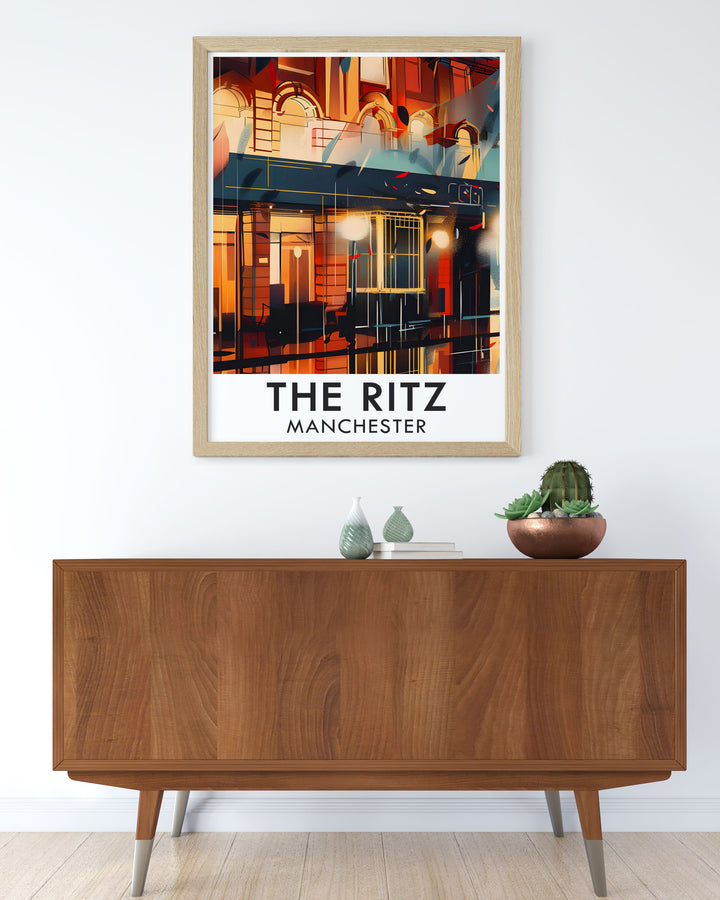 This travel print captures The Ritz Manchesters exterior facade in striking detail. Known for its art deco architecture and vibrant music history, The Ritz is a beloved landmark in Manchester. This poster makes a perfect gift for fans of architecture and music venues alike.