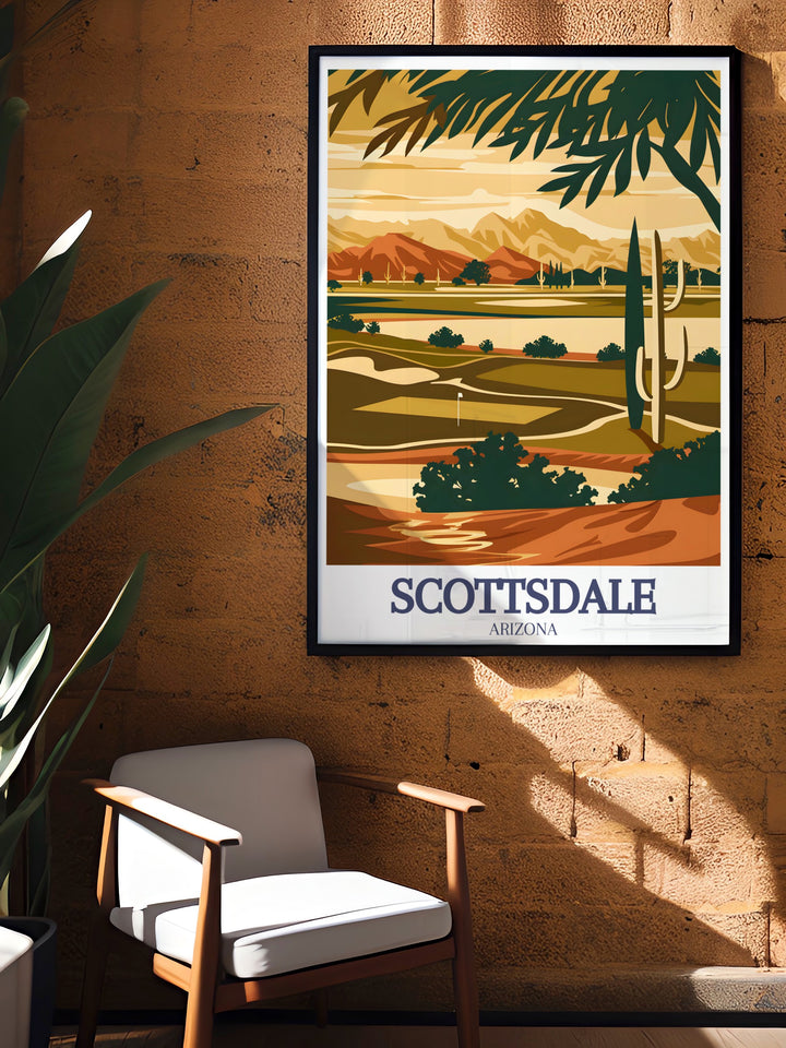 This Scottsdale Travel Print captures the perfect harmony between Scottsdales luxury golfing at Talking Stick Golf Club and the peaceful desert charm of Talking Stick Way. An ideal gift for anyone who loves the Southwests beauty.