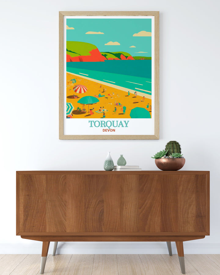 A stunning travel print featuring Meadfoot Beach in Torquay, Devon. This vintage style artwork perfectly captures the peaceful essence of the beach and is a beautiful reminder of the calming beauty of the English coastline.