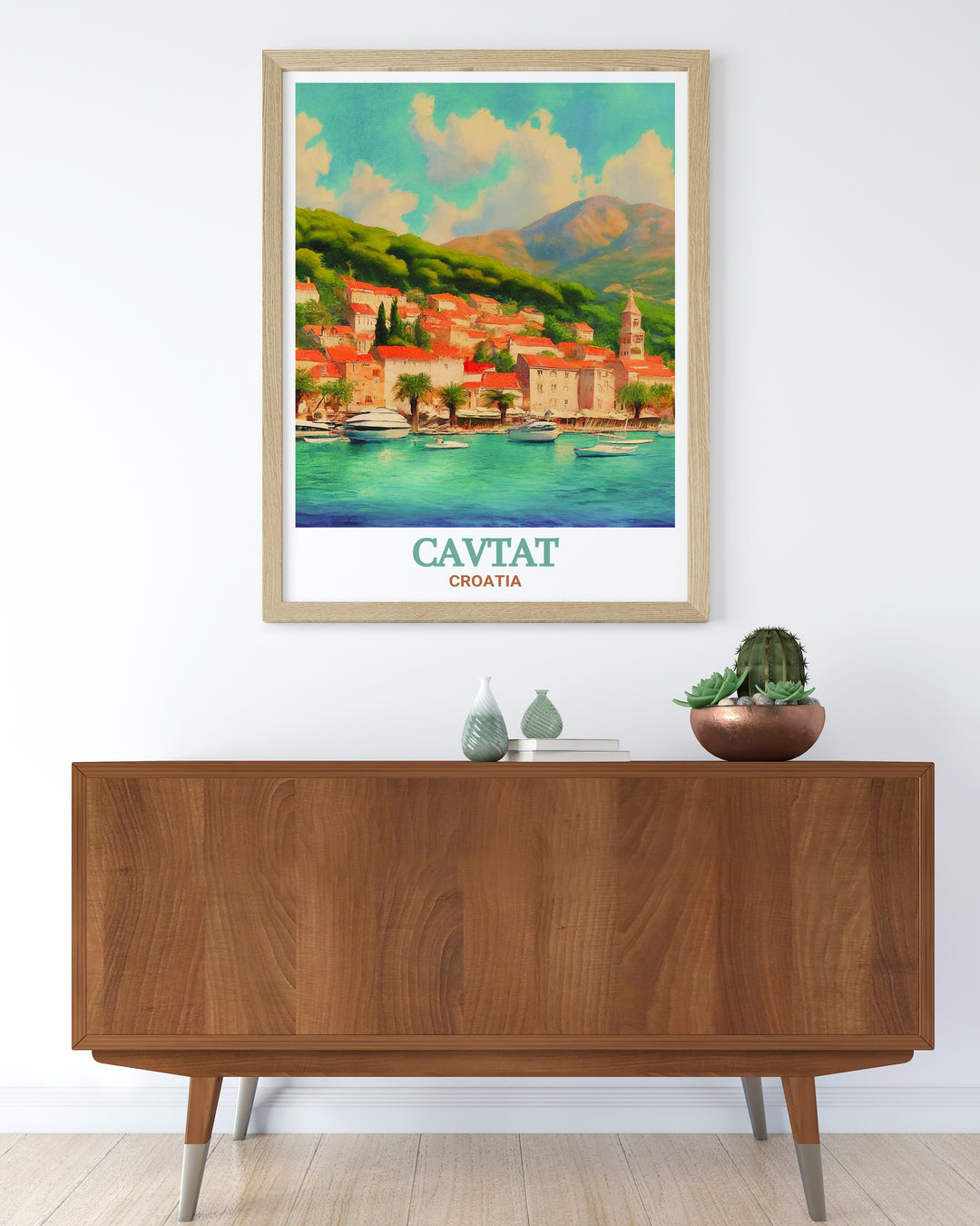 Croatia wall poster featuring Cavtats historic Old Town, with its colorful streets and scenic waterfront, offers a timeless reminder of the beauty and culture of Croatias coastal towns.