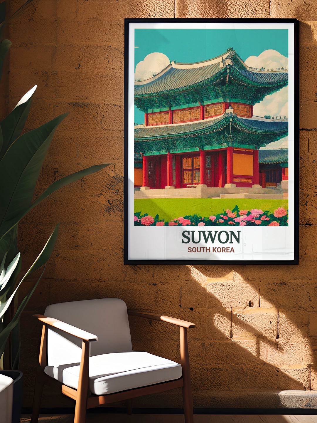 This travel print of Hwaseong Haenggung Palace in Suwon captures the beauty of this historic Korean landmark. The South Korea wall art is an ideal addition to any space, offering a blend of cultural heritage and modern design.