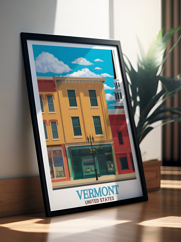 Stunning Vermont Ski Print featuring Church Street Marketplace and Stratton Vermont designed for lovers of skiing and snowboarding. This print is a perfect addition to any modern decor bringing Vermonts rich winter sports legacy into your home.