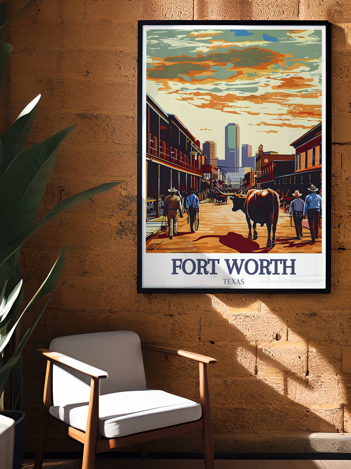 This Fort Worth wall art showcases the historic Stockyards and Exchange Street, a testament to the citys role in the cattle industry. Whether as a personal keepsake or a gift, it brings a piece of Texass past into your home.