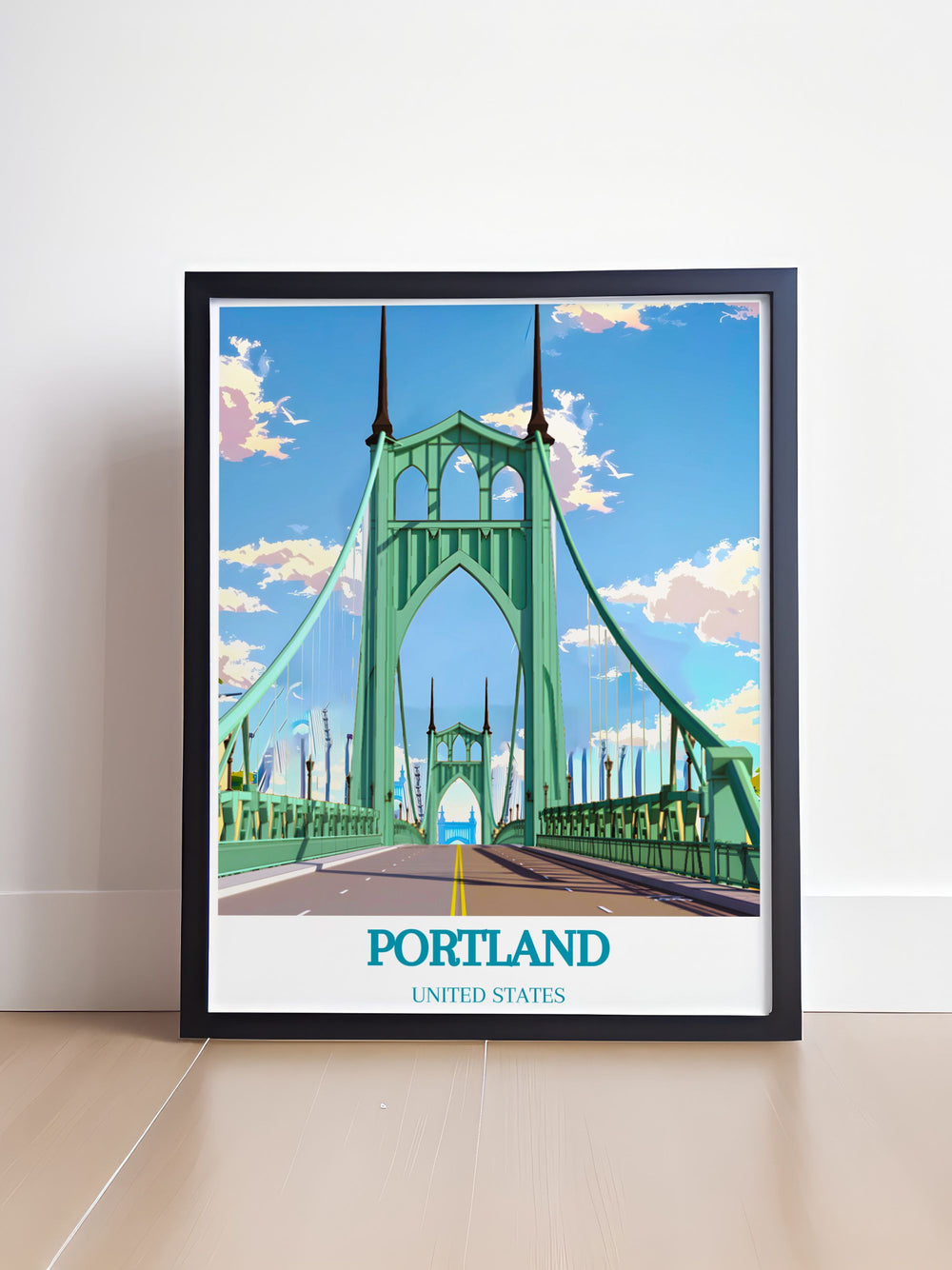 Modern St. Johns Bridge print featuring detailed city map elements and elegant design perfect for adding a touch of Portland Oregons charm to any room in your home