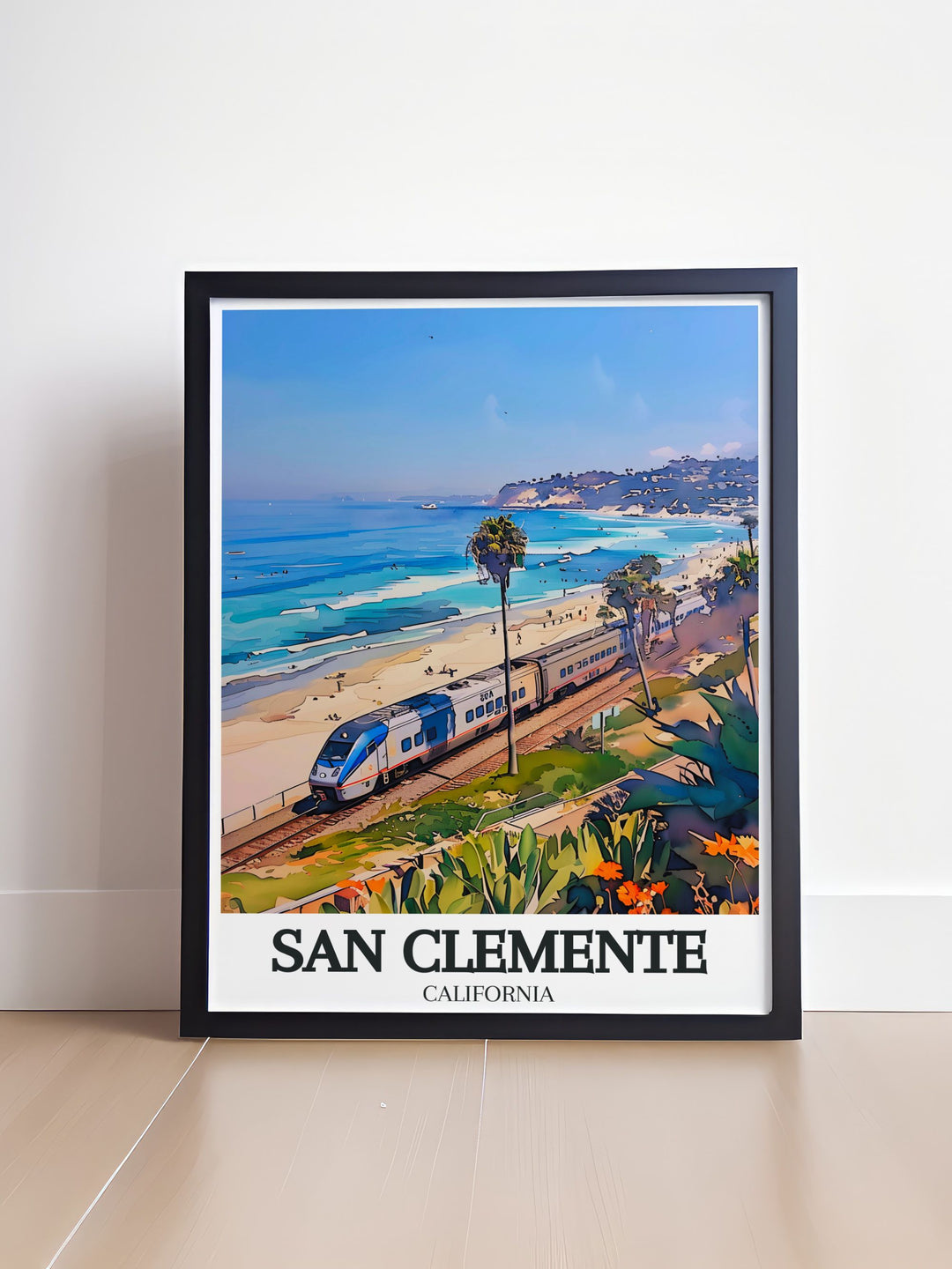 San Clemente Photo Print featuring the Railfanning train San Clemente pier. This stunning artwork brings the lively spirit of the city into your home ideal for elegant home decor and gifts.