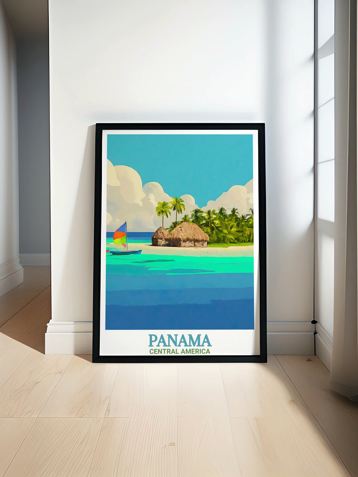 Featuring the stunning San Blas Islands, this Panama poster print adds a splash of tropical beauty to your walls. Perfect for anyone who dreams of a beach getaway, this artwork captures the allure of Central Americas coastlines.