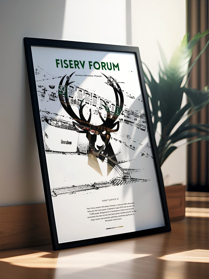 Fiserv Forum artwork featuring iconic Milwaukee Bucks players including Giannis Antetokounmpo and Brook Lopez makes an elegant addition to any room offering the perfect wall decor for basketball enthusiasts