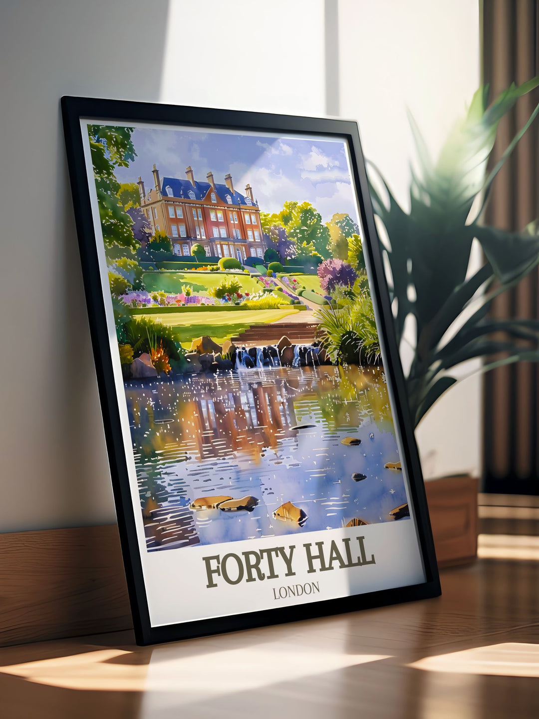 Forty Halls historic significance and Jacobean architecture are showcased in this print, highlighting its grandeur and timeless elegance.