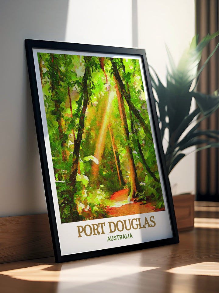 Transport yourself to the coastal beauty of Port Douglas with this Australia travel print. The lush green backdrop of the Daintree Rainforest provides a stunning contrast to the golden beaches, creating a must have piece for any nature inspired wall decor.