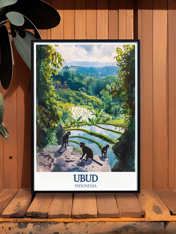 Featuring Ubuds Sacred Monkey Forest and Tegalalang Rice Terrace, this Bali art print adds a calming and natural touch to any room. Perfect for Bali lovers or those who dream of visiting the island, this artwork makes a great gift.