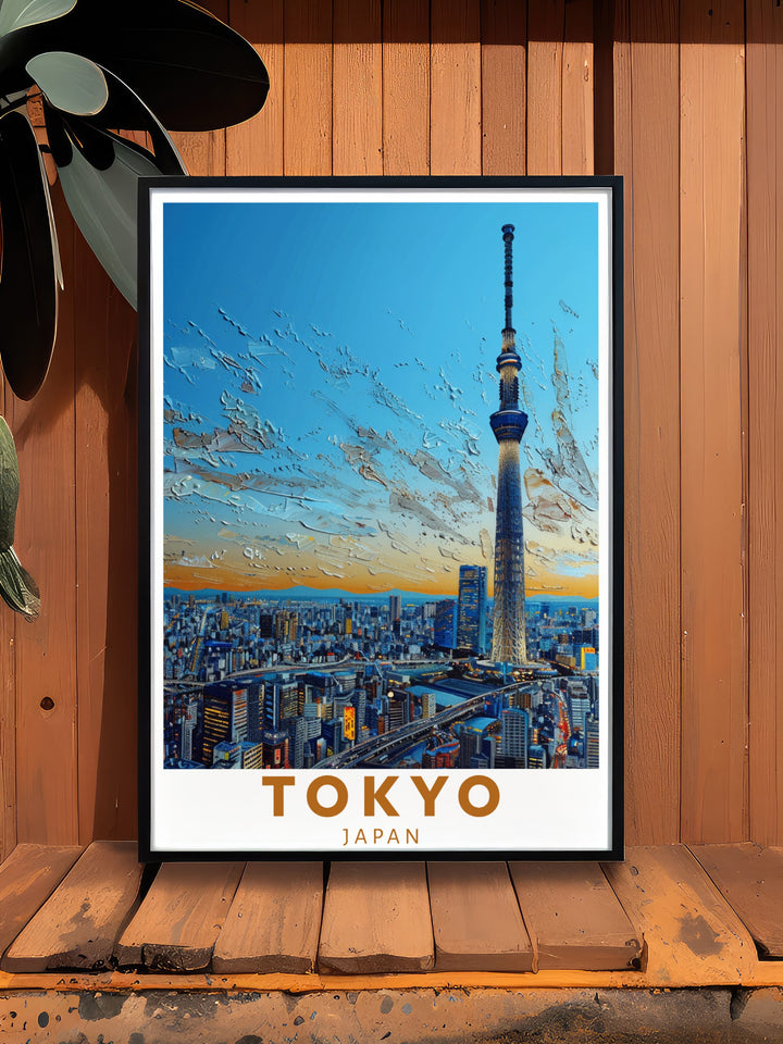 A stunning depiction of Japans capital, this Tokyo travel poster highlights the Tokyo Skytree alongside Mount Fuji. With its intricate details and vivid colors, this framed art is perfect for anyone who wants to capture the spirit of Japan in their home décor.