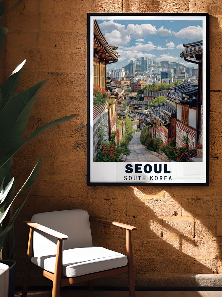 The picturesque Bukchon Hanok Village in Seoul is beautifully illustrated in this poster, offering a glimpse into the traditional Korean way of life, making it an excellent piece for home decor and travel lovers.