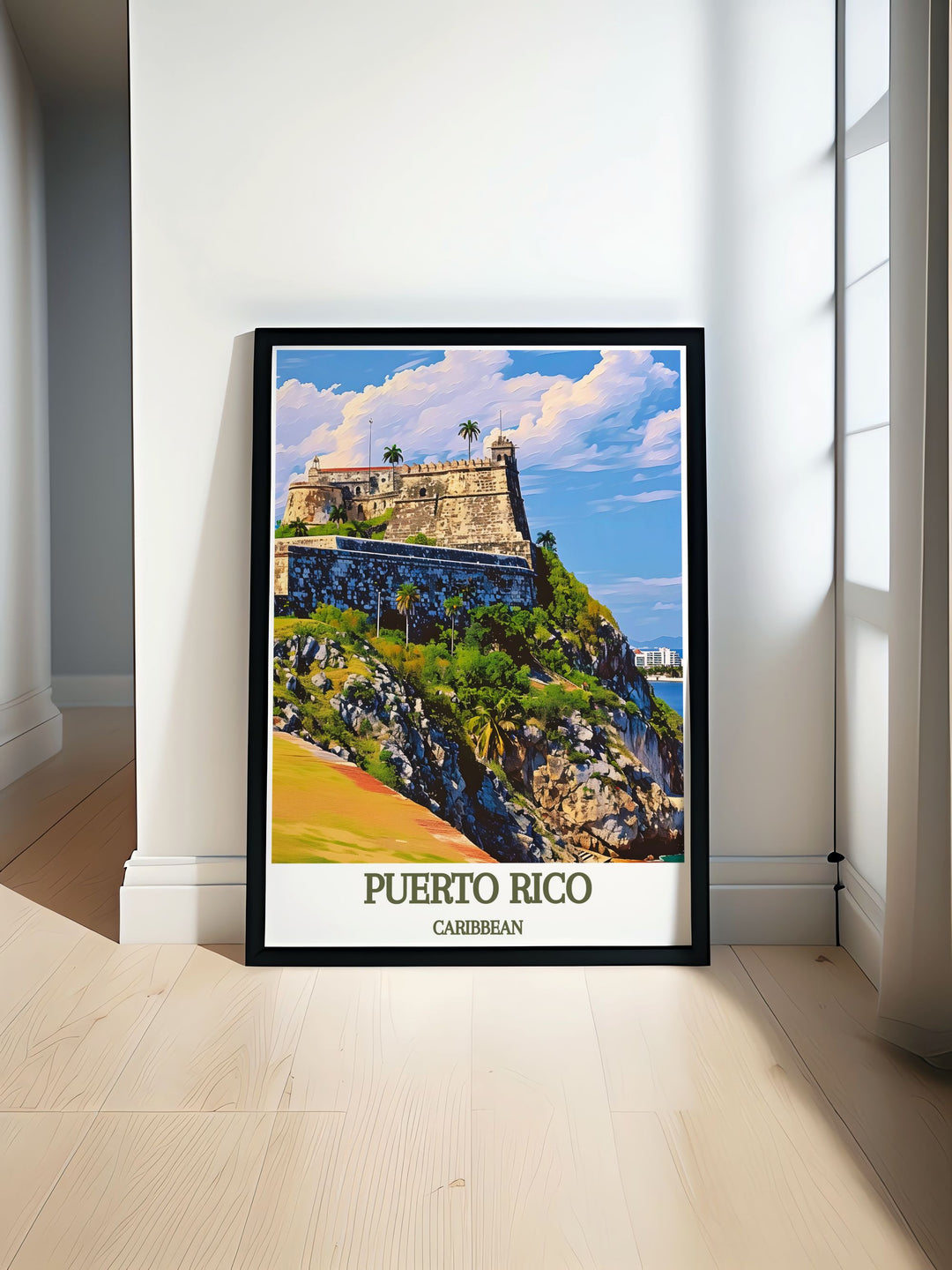Stunning Puerto Rico poster featuring the iconic CARIBBEAN, Castillo San Felipe del Morro with vibrant colors perfect for home decor or gifts. Ideal for those who appreciate Arecibo artwork and travel poster prints with a vintage touch.