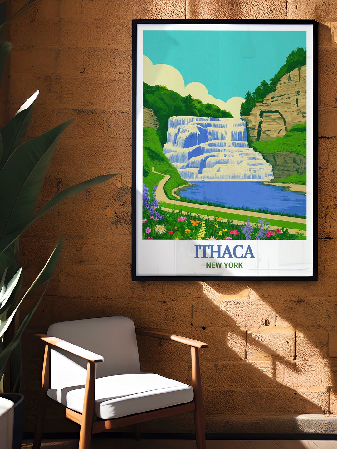 Fine art print of Ithaca Falls, highlighting the stunning natural scenery. This artwork brings the distinguished views of one of New York States most picturesque locations into your home, adding a touch of natural grandeur to your decor. Experience the beauty of Ithaca Falls