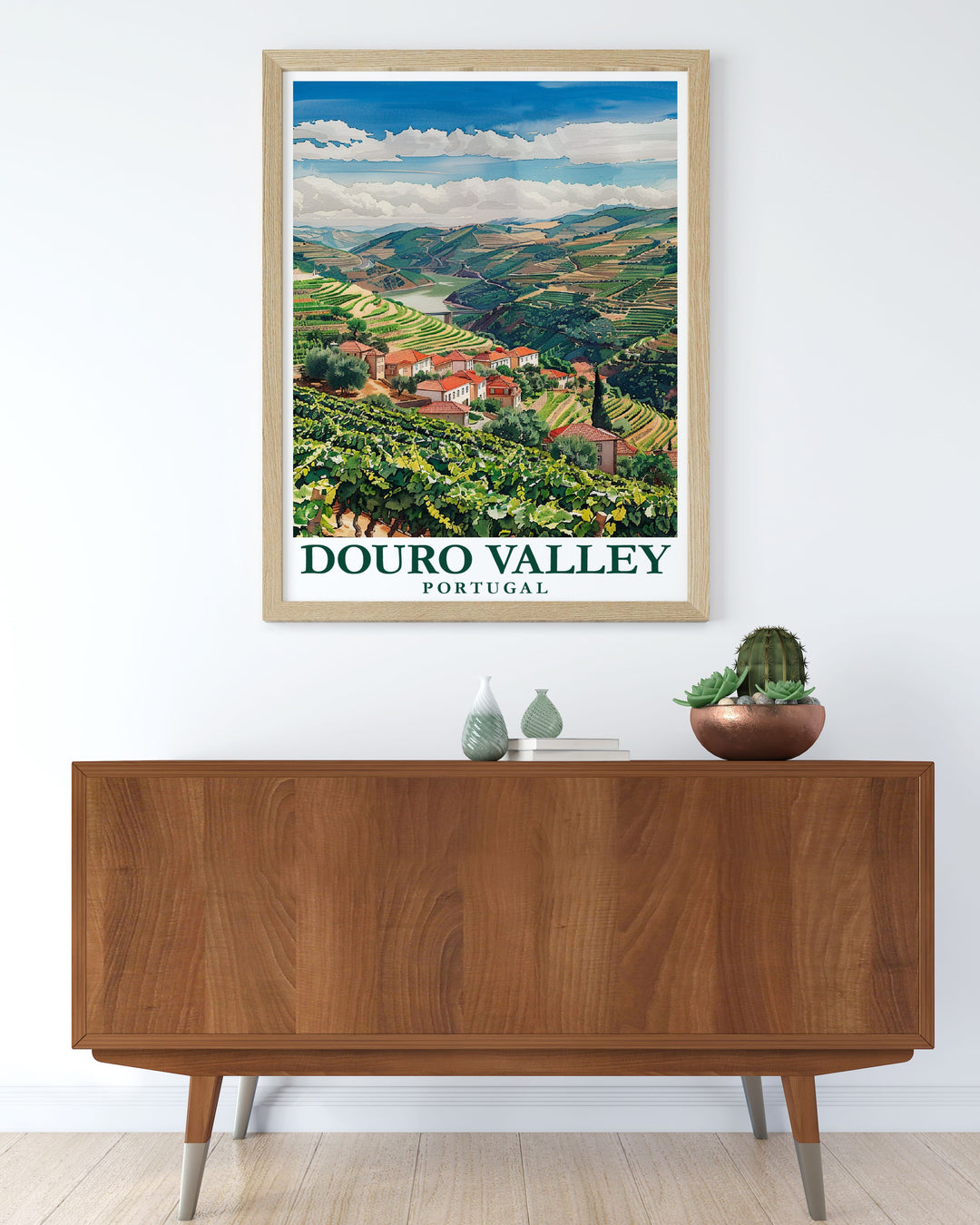 Home decor print illustrating the scenic beauty of the Douro Valley, highlighting the lush vineyards and traditional quintas of Portugal’s wine region.