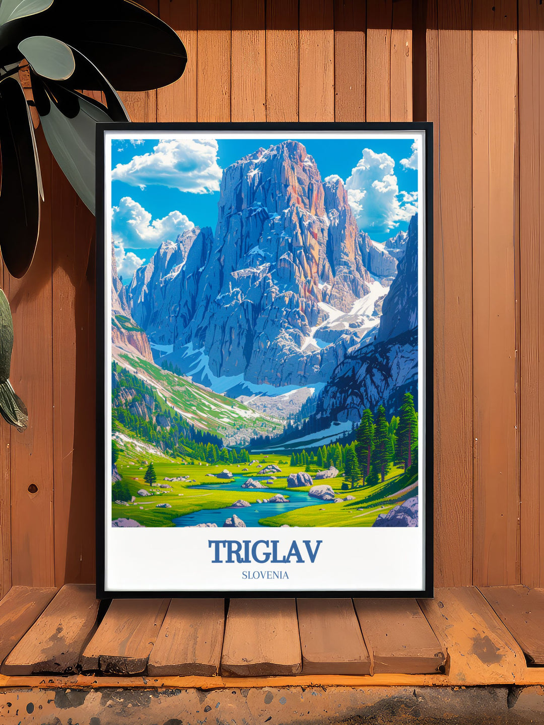 Triglav Peak framed print capturing the rugged elegance of Mount Triglav in Slovenia with its towering peaks and lush surroundings ideal for those who appreciate the beauty of nature and want to bring a touch of the Julian Alps into their homes.