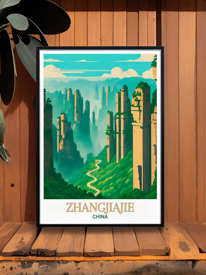 Beautiful China travel poster featuring Zhangjiajie National Forest Park perfect for creating a serene and elegant ambiance in any room of your home ideal for sophisticated wall decor