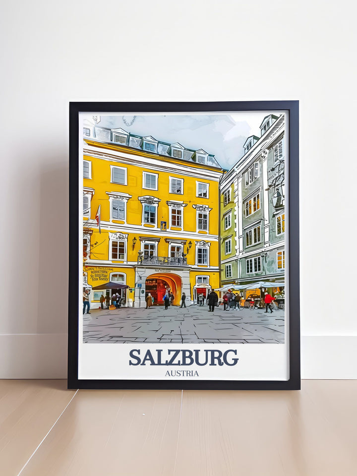 Salzburg Cathedral and Getreidegasse featured in this colorful Salzburg print. The fine line design makes it perfect for adding a touch of elegance and European charm to your home. Ideal as a gift for friends or family who love Salzburg.