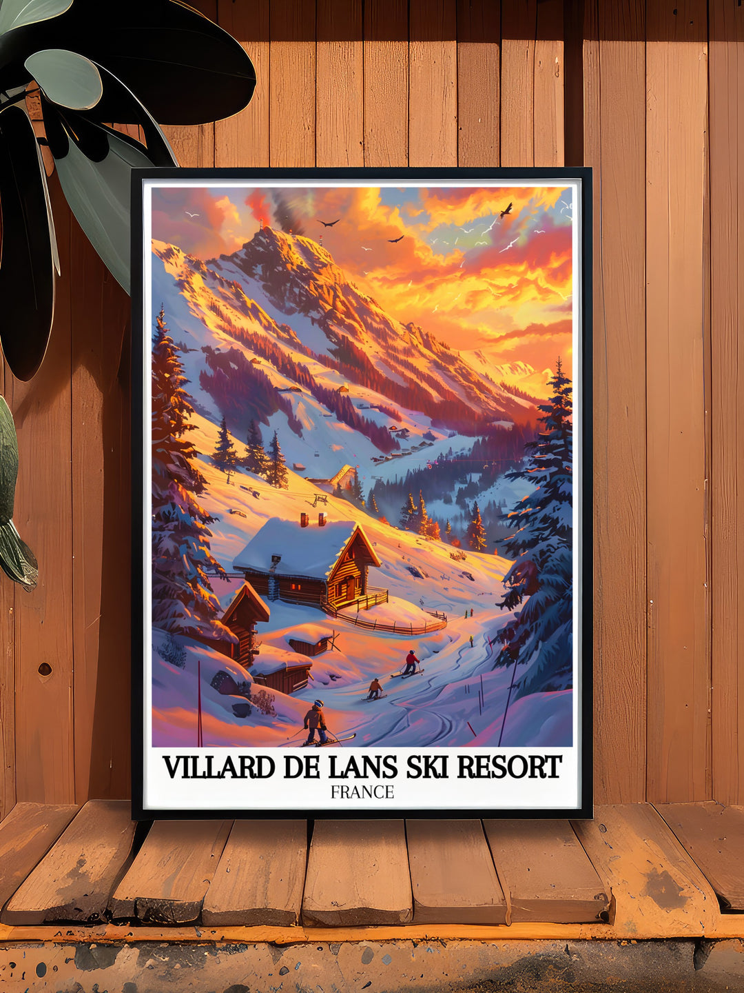 Villard de Lans village with the stunning Grande Moucherolle peak is the focal point of this ski resort print a must have for anyone who loves vintage ski posters and enjoys the breathtaking scenery of the French Alps in their home.