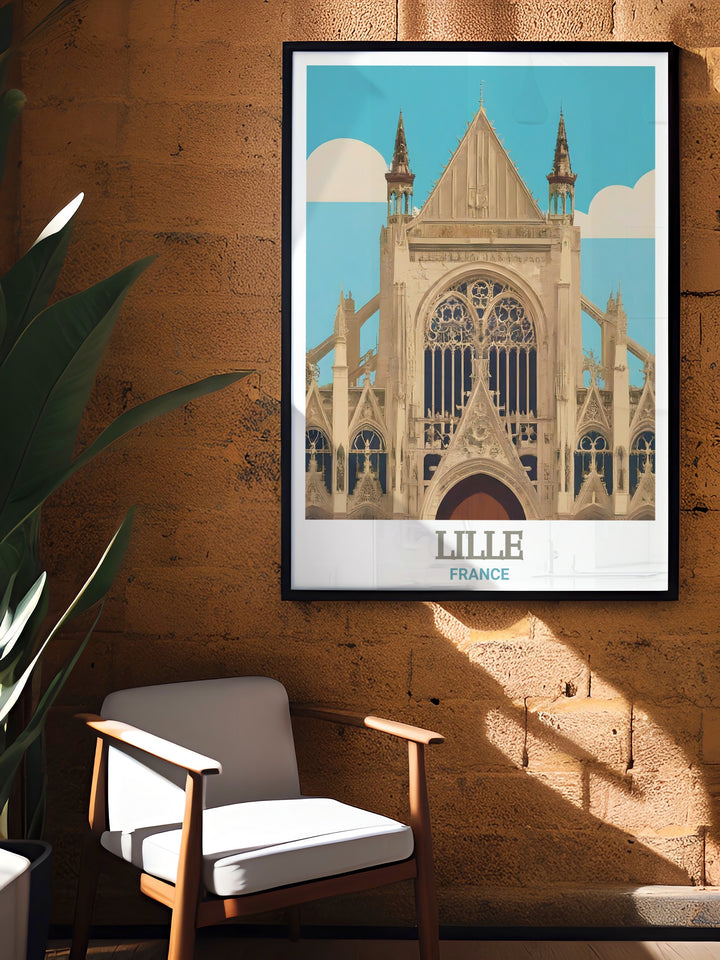 A detailed poster print featuring Saint Maurice Church in Lille, France, with its beautiful Gothic architecture. The travel artwork brings to life the intricate details of the churchs design, making it a stunning piece for anyone who appreciates French culture and history.