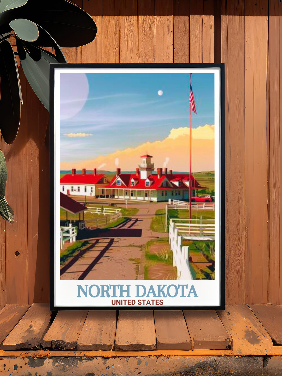 Fort Union Trading Post Travel Print showcasing a detailed illustration of the historic trading post in North Dakota. This travel print highlights the sites role in fur trading and its significance for Native American relations, making it a meaningful gift for history buffs and travelers.