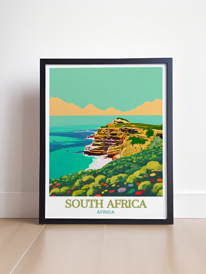 Table Mountain art print showcasing the iconic flat topped summit and the breathtaking views from the top. This artwork highlights the majestic beauty of one of the most recognizable landmarks in the world, ideal for adding a touch of natures grandeur to your space.