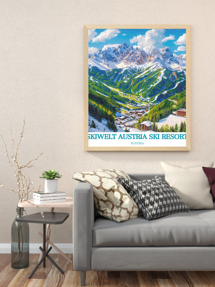 Enhance your home with the stunning views of Ellmau captured in this SkiWelt Austria Travel Print. Perfect for ski lovers and collectors of vintage art, this piece offers a nostalgic journey to the slopes of one of Austrias most beloved ski resorts.