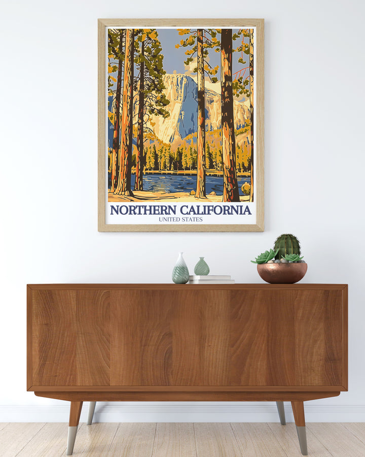 The Yosemite Travel Poster is a stunning representation of the parks natural features, including its dramatic cliffs, powerful waterfalls, and towering sequoias. This artwork brings the grandeur of Yosemite to life, making it a striking addition to any home decor.