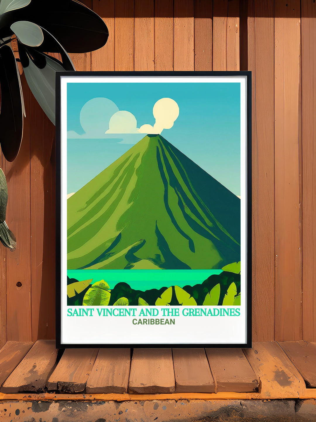 Vintage poster of La Soufrière Volcano in Saint Vincent, celebrating the timeless beauty of the Caribbean. This print is a nostalgic addition to any room, perfect for those who love the classic charm of vintage travel art.