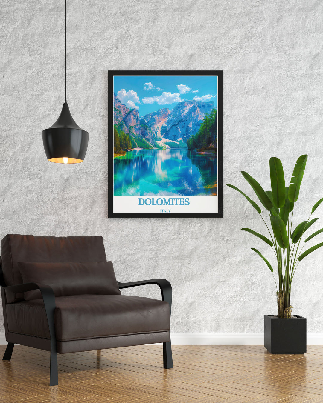 Framed art showcasing the majestic views of the Dolomites, capturing the natural splendor and alpine beauty of Italys iconic mountain range.