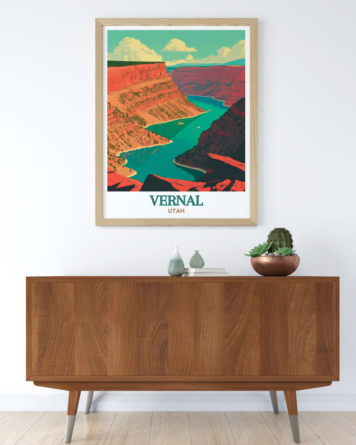 A travel poster showcasing the scenic beauty of Vernal, Utah, and Flaming Gorge. This wall print is a perfect gift for those who love exploring the great outdoors, offering a vibrant and detailed view of two of Utahs most beloved landmarks.