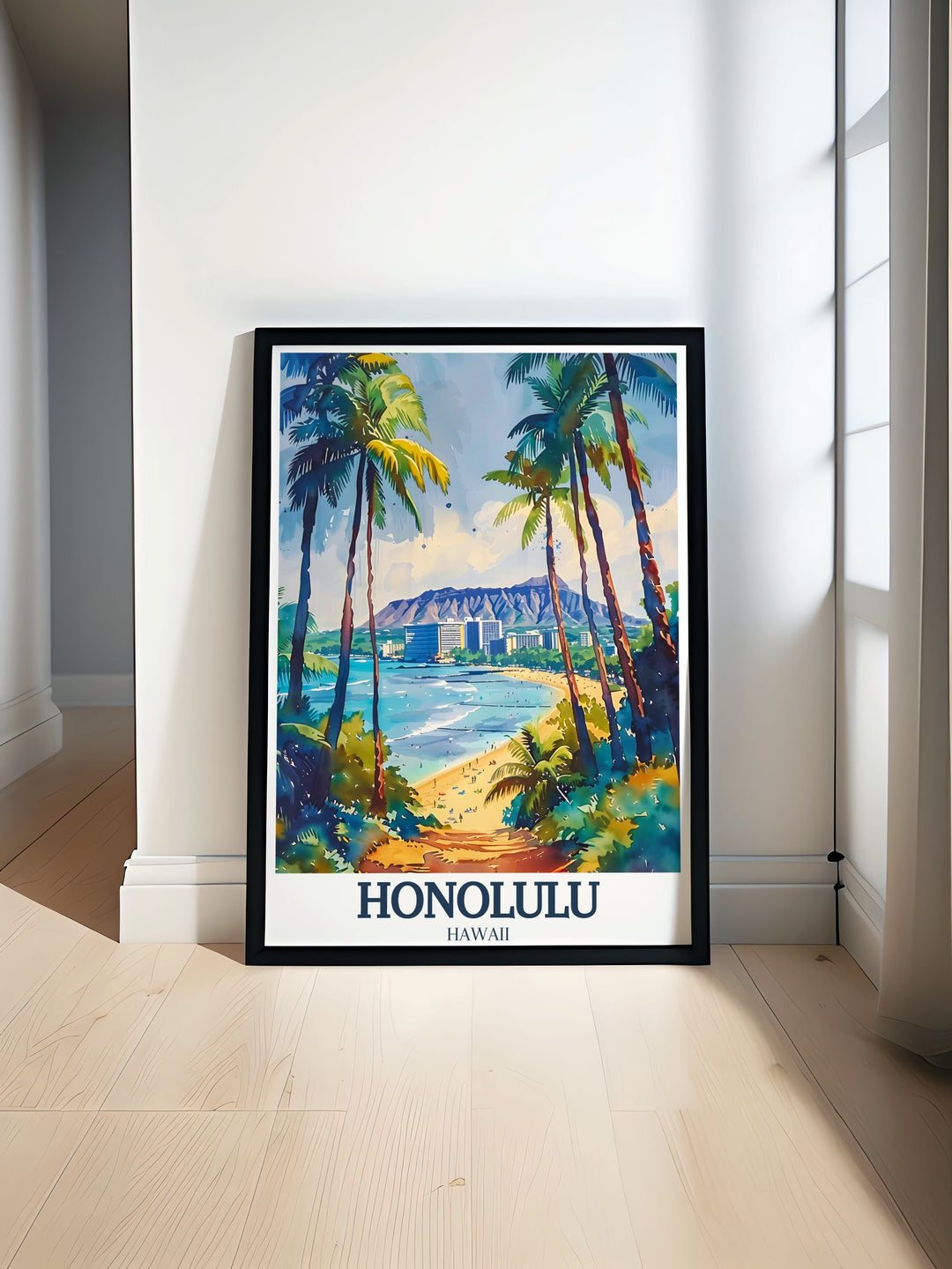 Honolulu art featuring famous landmarks, perfect for decor or as thoughtful gifts. This travel print brings together the vibrancy and charm of the city, making it an ideal piece for art lovers and travelers alike.