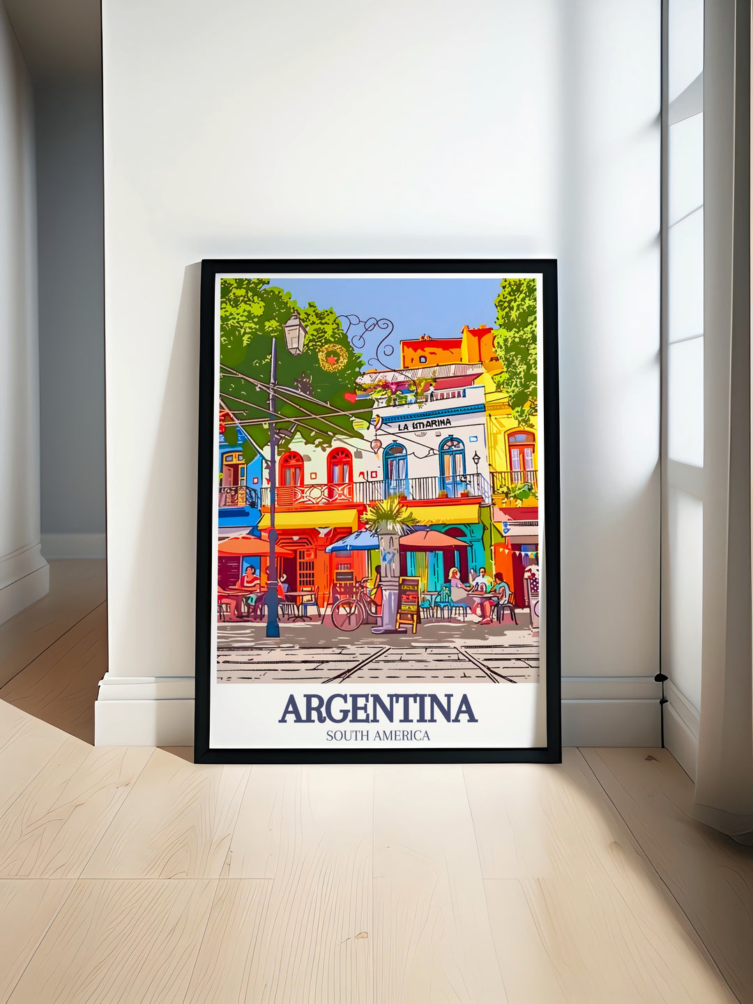 Buenos Aires, La Boca vibrant travel poster featuring colorful buildings and lively street scenes. Perfect for adding a touch of Argentina decor to your home or office. The print highlights the dynamic atmosphere of one of Buenos Aires most famous neighborhoods.