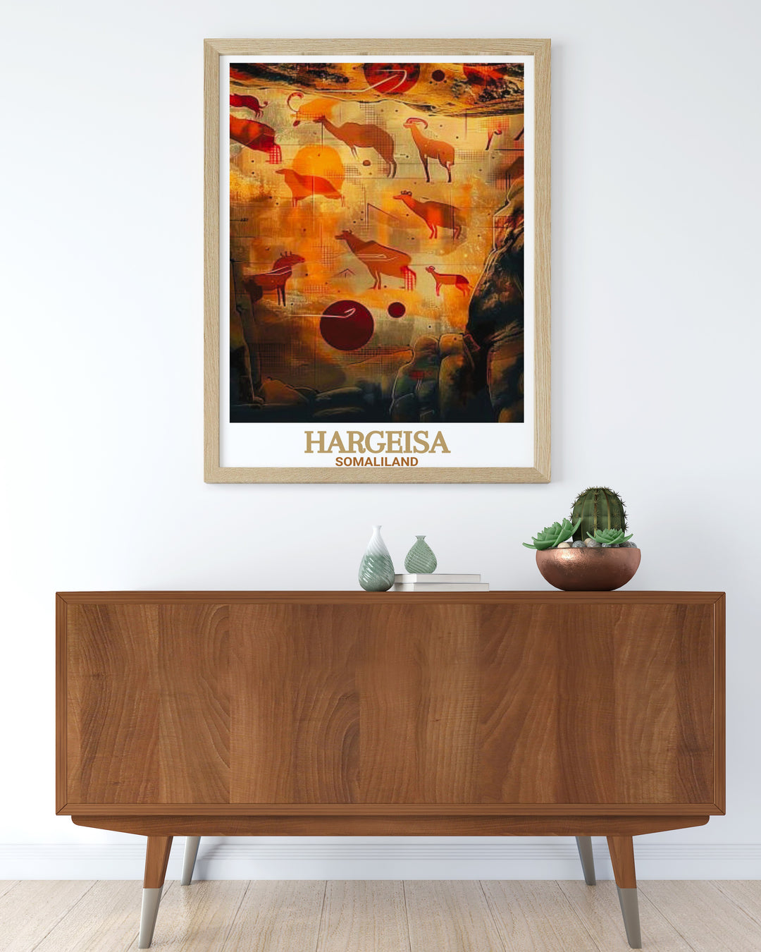 Our Laas Geel Rock Art print captures the intricate details of Somalias ancient rock paintings, set against the modern backdrop of Hargeisa. This travel poster offers a beautiful fusion of historical and contemporary art.