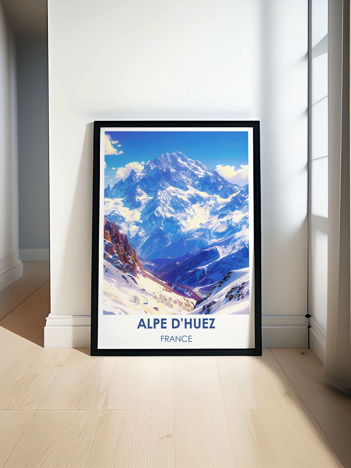 Fine art print of Alpe dHuez showcasing the serene beauty and ski trails of this renowned French Alps resort, perfect for adding a touch of winter to any decor.