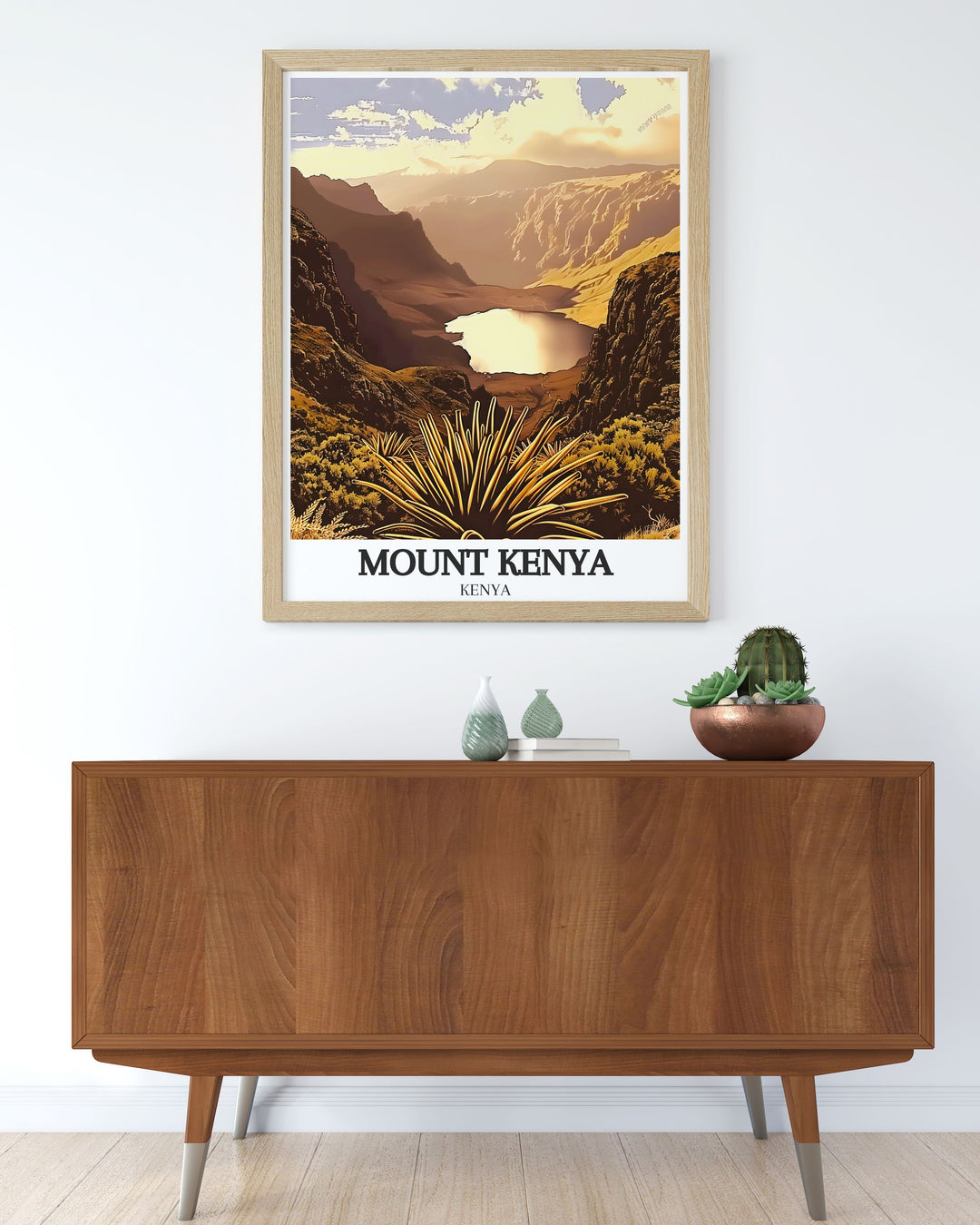 Travel poster print of Mount Kenya featuring Chogoria Route and Lake Michaelson perfect for enhancing your home decor or office space with a touch of elegance and natural beauty ideal for art collectors