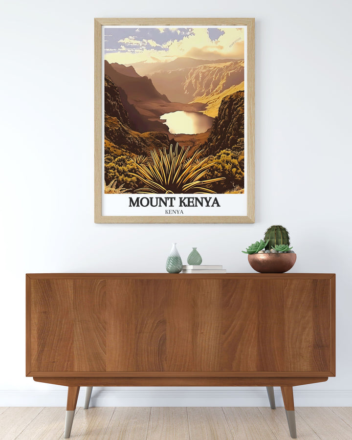 Travel poster print of Mount Kenya featuring Chogoria Route and Lake Michaelson perfect for enhancing your home decor or office space with a touch of elegance and natural beauty ideal for art collectors