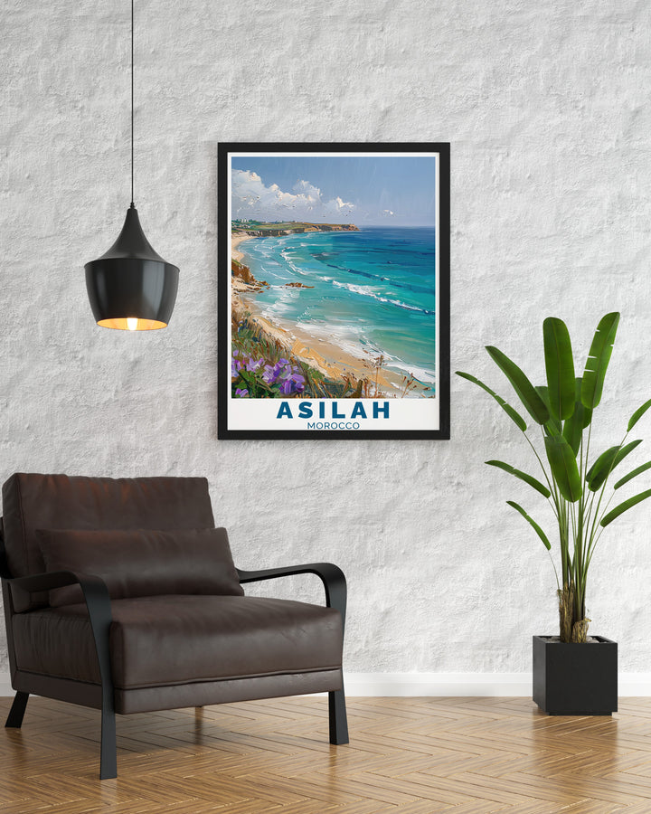 Asilah Poster with Coastal Scene This poster captures a breathtaking view of Paradise Beach in Asilah, Morocco, with the medinas iconic whitewashed buildings adding to the scenes visual appeal. Ideal for anyone who enjoys beach inspired art or Moroccan decor, this poster brings a touch of the exotic to your home, perfect for creating a calm and inviting space.