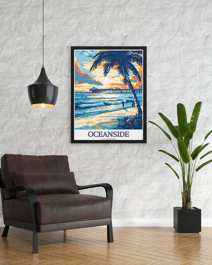 Captivating illustration of Oceanside Beach and Oceanside Pier in a vintage style print bringing the laid back vibes of California to your home perfect for those who cherish coastal landscapes and beach decor