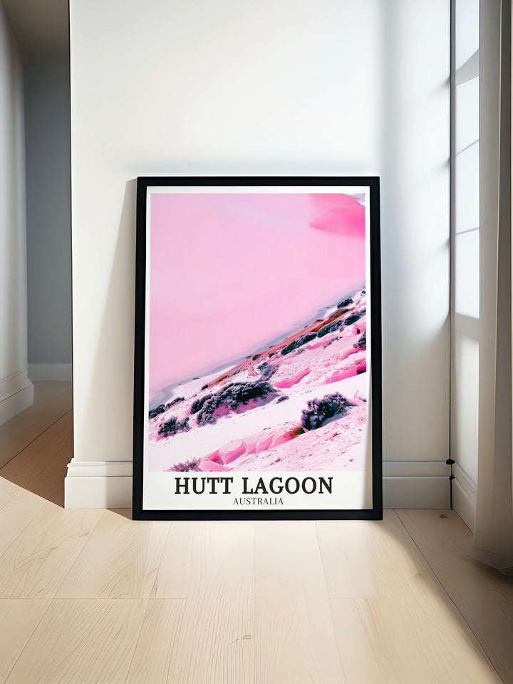 Experience the vibrant beauty of Western Australia Coral Coast with the Hutt Lagoon Travel Poster This Australia Wall Art captures the stunning pink hues of Hutt Lagoon making it a perfect addition to any room and a beautiful representation of Australias unique landscapes