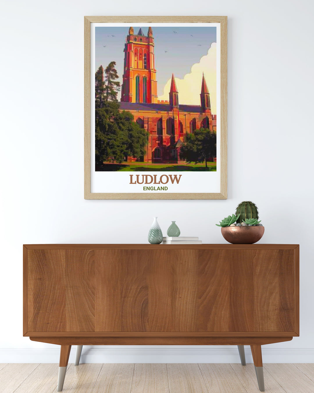 St Laurences Church, with its towering Gothic spires, is beautifully captured in this Ludlow travel poster. This art print offers a view into Ludlows medieval past, making it a must have for history and architecture enthusiasts.