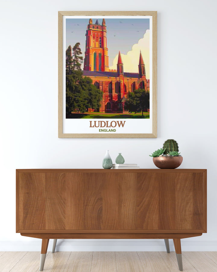 St Laurences Church, with its towering Gothic spires, is beautifully captured in this Ludlow travel poster. This art print offers a view into Ludlows medieval past, making it a must have for history and architecture enthusiasts.